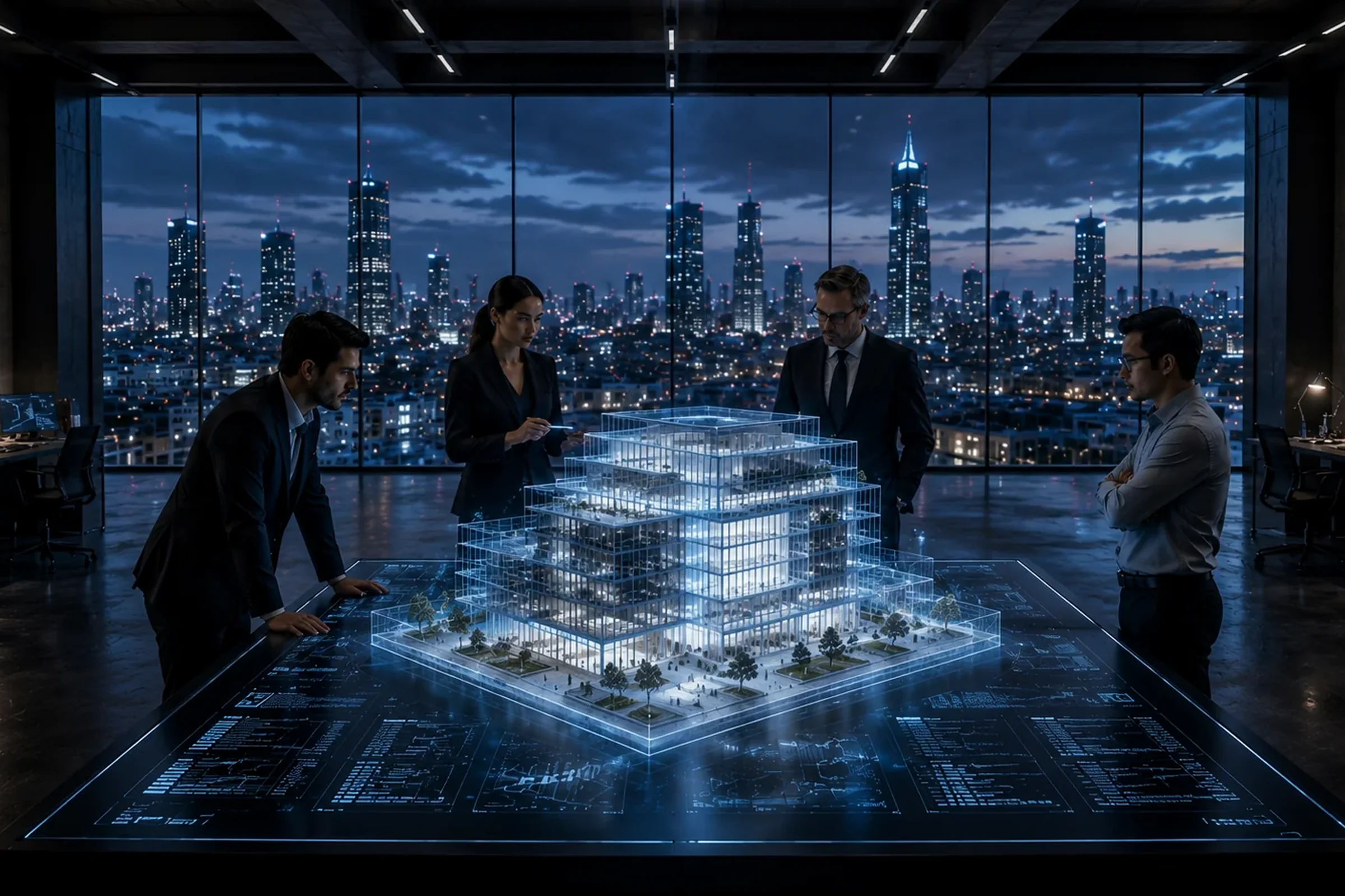 Equipo técnico revisando modelo digital de edificación — sala de proyectos