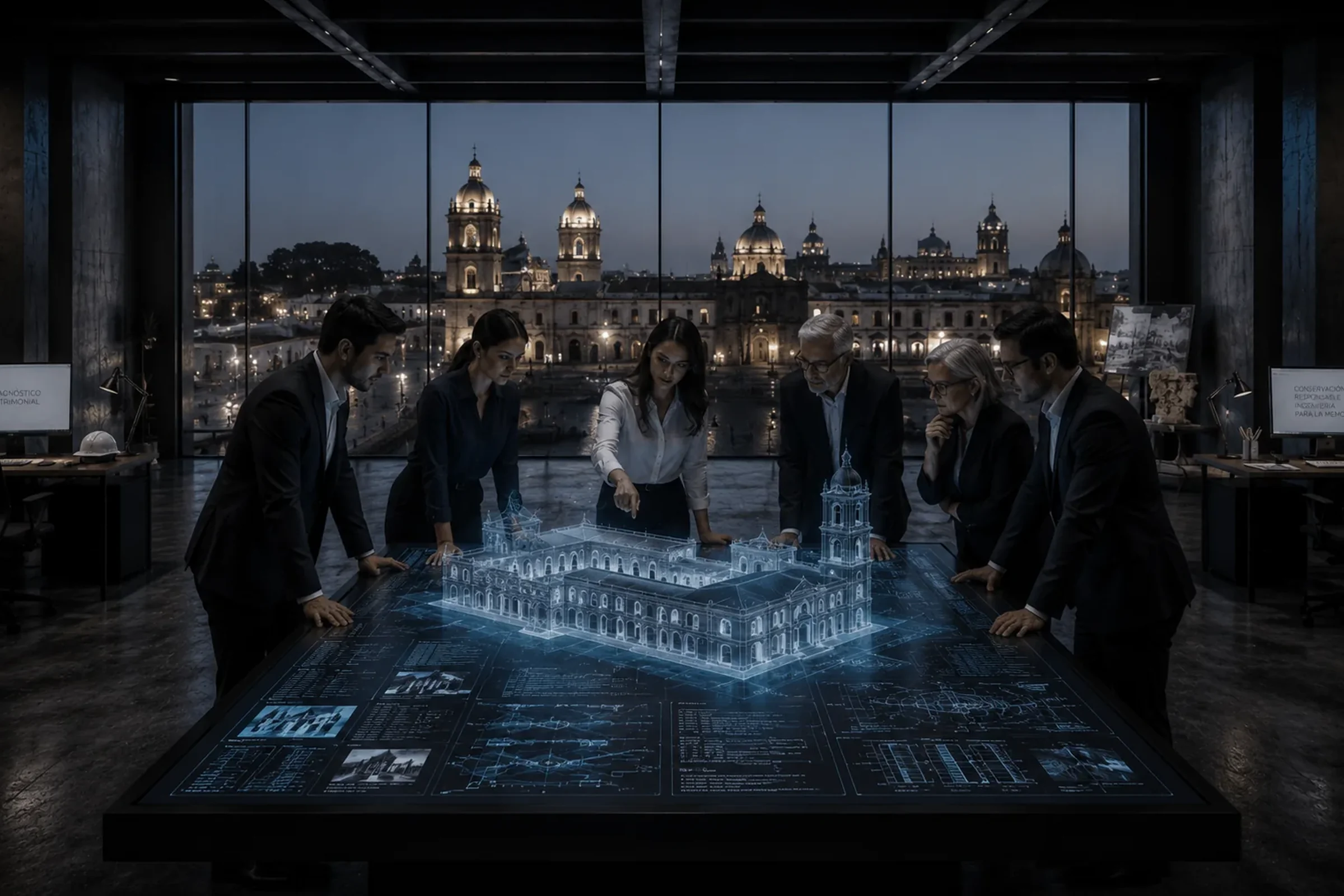 Equipo técnico revisando el modelo digital de un edificio patrimonial